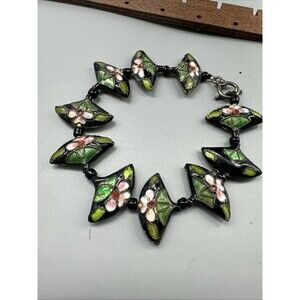 7” Cloisonné Bead Bracelet Black Pink Floral & Green